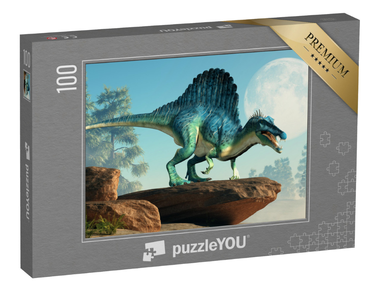 puzzle 100 dílků „3D ilustrace: Spinosaurus na útesu za svitu měsíce“