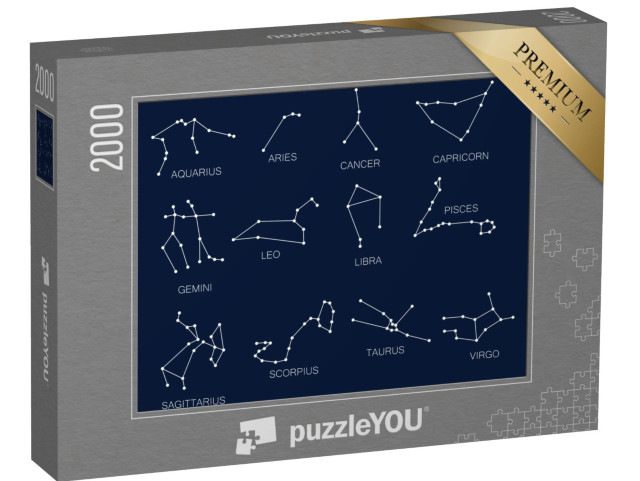 puzzle 2000 dílků „Souhvězdí, dvanáct znamení zvěrokruhu, modré pozadí“