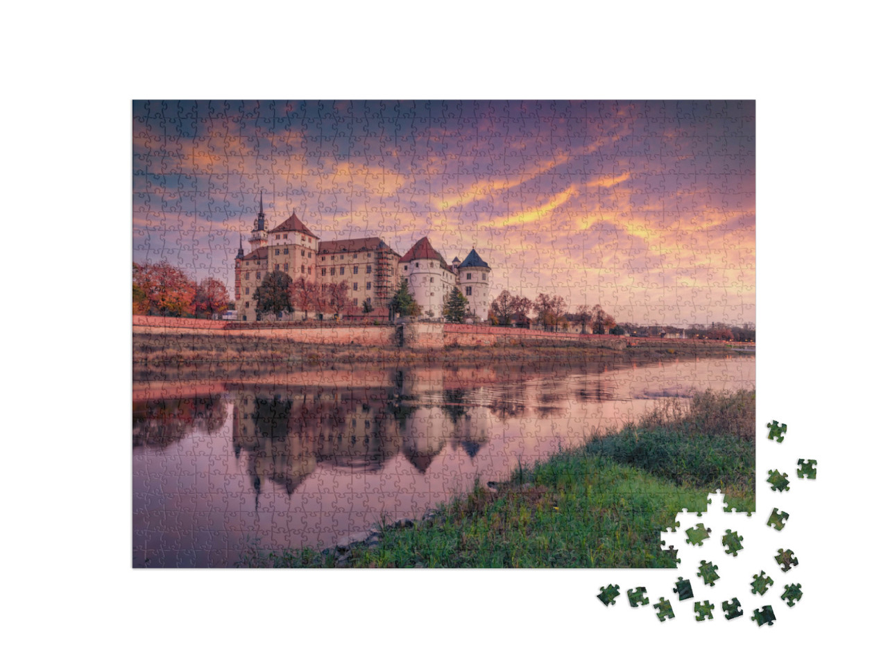 puzzle 1000 dílků „Starý hrad Hartenfels na břehu Labe, Torgau, Sasko“
