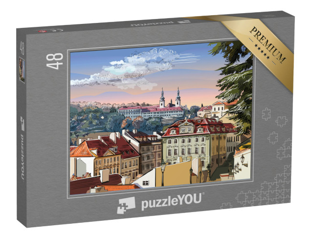 puzzle 48 dílků „Panoramatická krajina Prahy s vektorovou ruční kresbou, Česká republika“