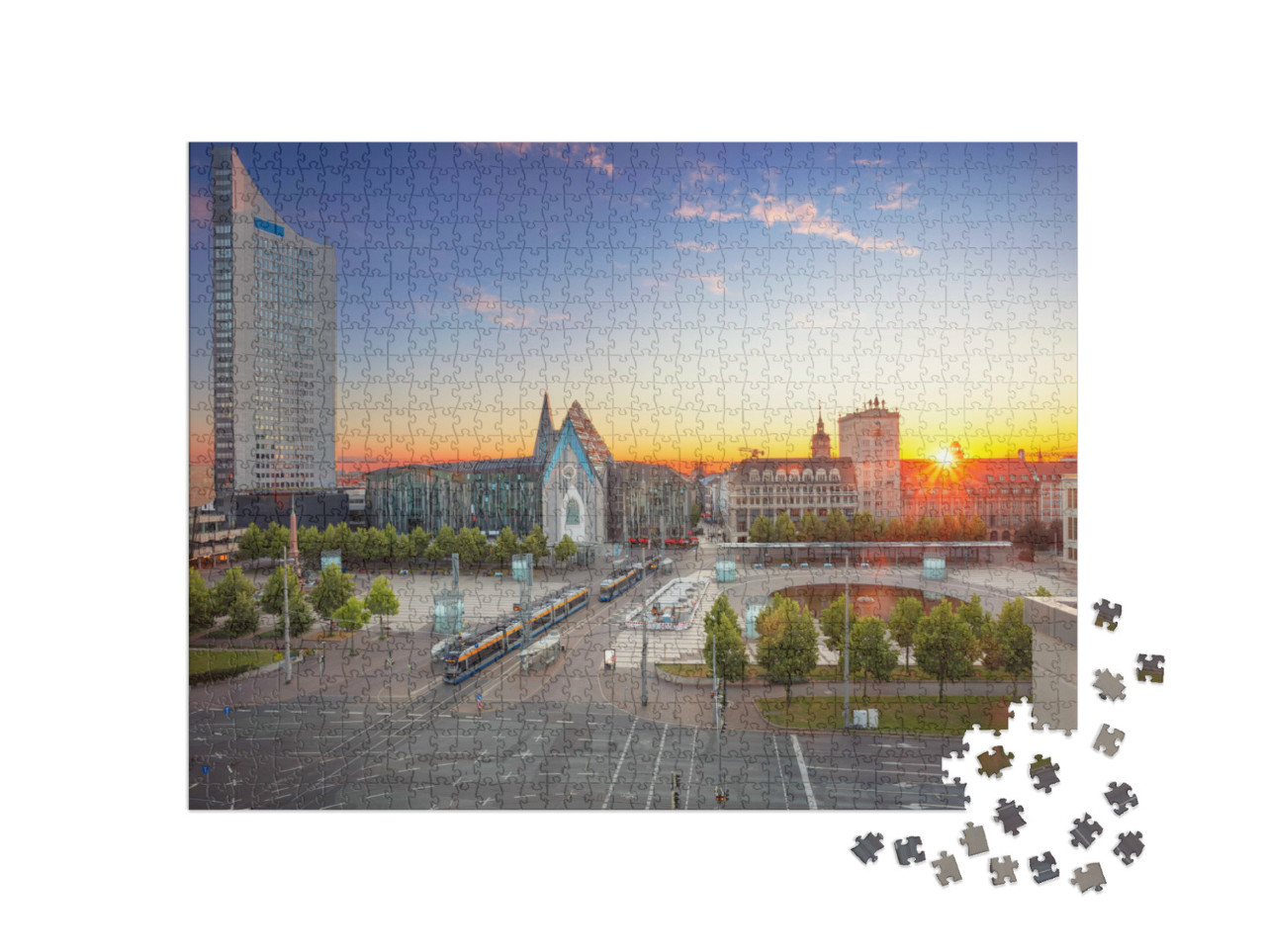 puzzle 1000 dílků „Krajina Lipska: Centrum města při západu slunce“