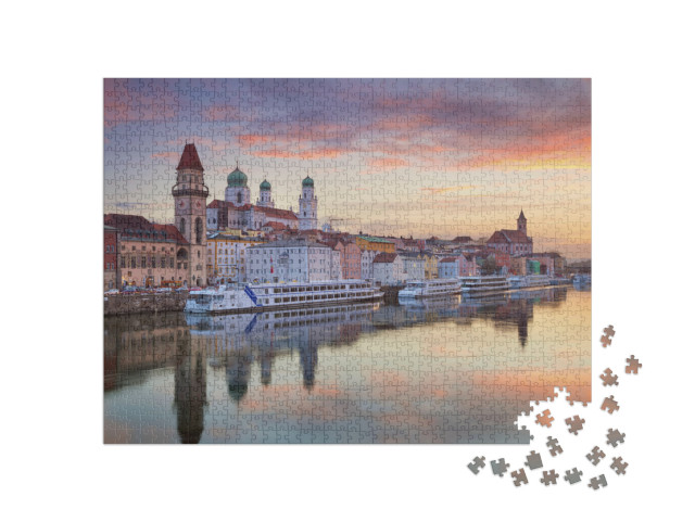 puzzle 1000 dílků „Pasov: Město při západu slunce, Bavorsko, Německo“