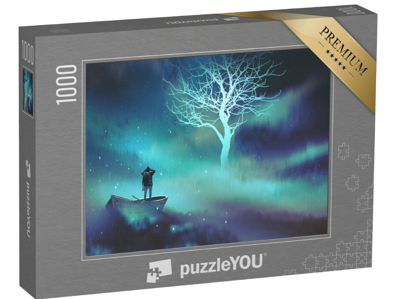 puzzle 1000 dílků „Muž na lodi ve vesmíru, svítící strom, hvězdy, ilustrace“