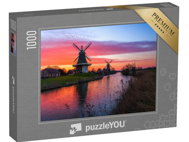 puzzle 1000 dílků „Dvojice mlýnů Greetsiel při východu slunce, Východní Frísko“