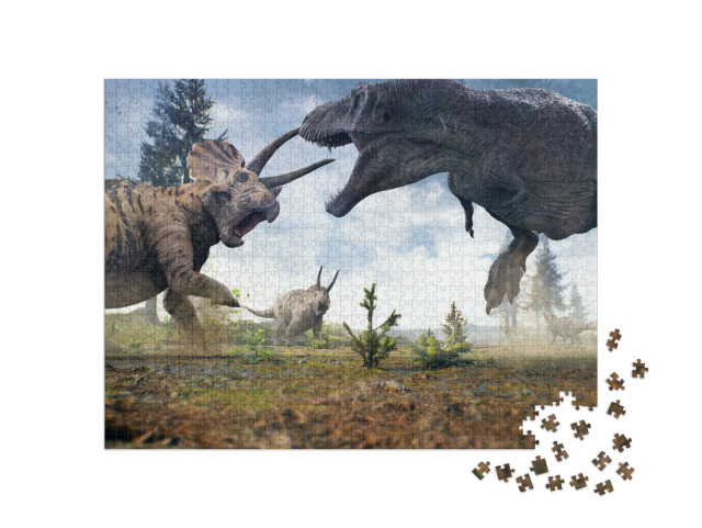 puzzle 1000 dílků „Tyranosaurus Rex v bitvě se stádem triceratopsů“