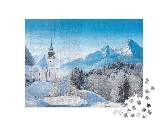 puzzle 1000 dílků „Zimní poutní kostel Maria Gern před Watzmannem, Německo“