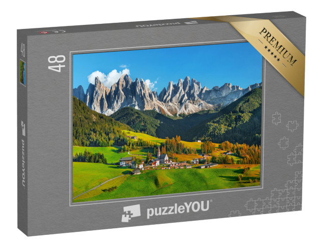 puzzle 48 dílků „Santa Maddalena s Dolomity v Jižním Tyrolsku, Itálie“