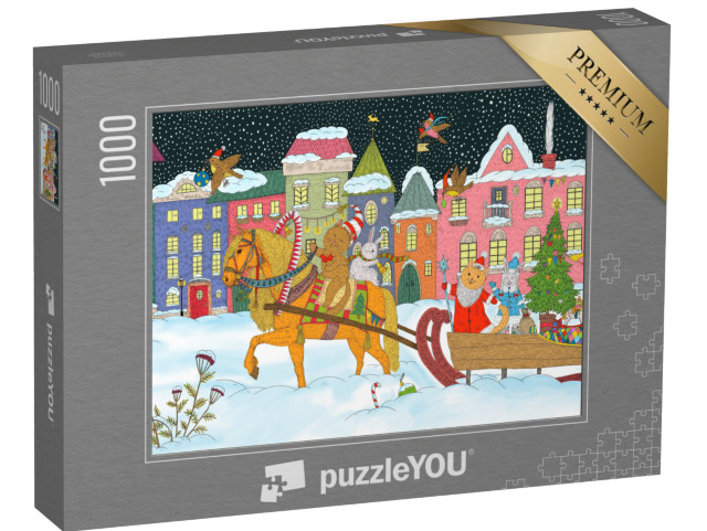 puzzle 1000 dílků „Vánoce zvířat: Vánoce a zvířata na saních tažených koňmi“