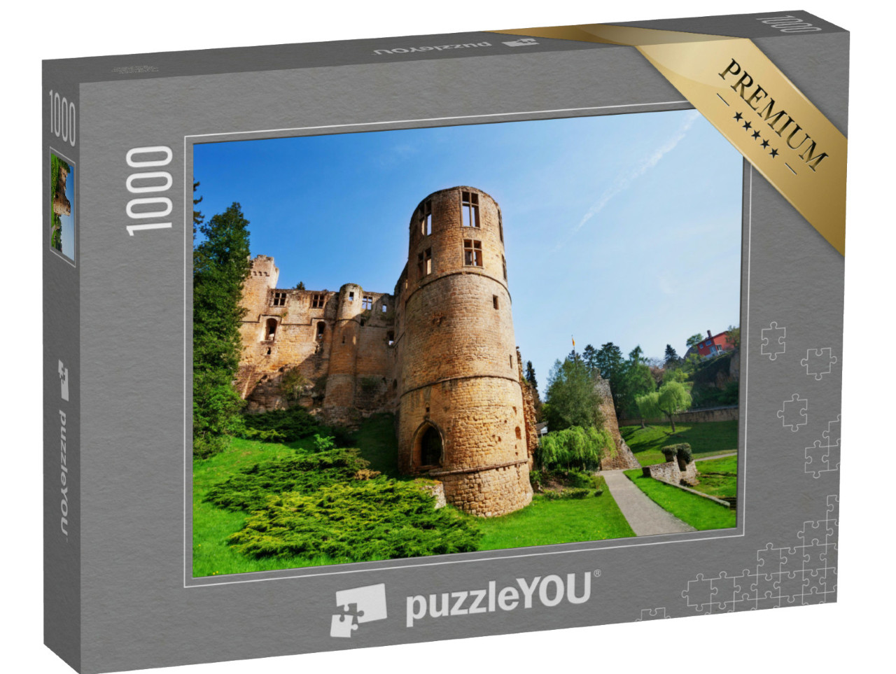puzzle 1000 dílků „Zřícenina hradu Beaufort za jarního dne, Lucembursko“