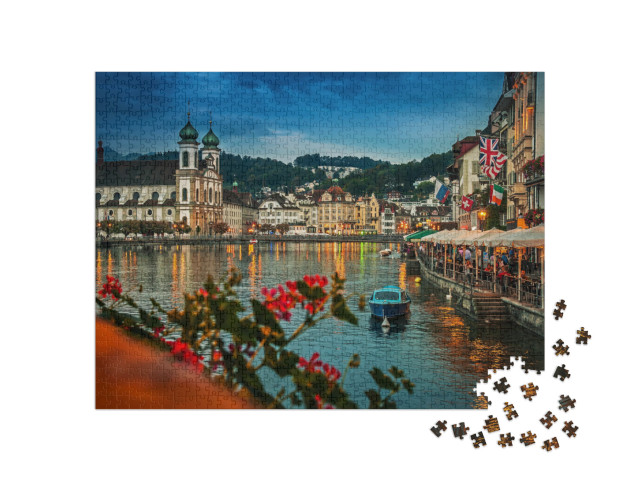 puzzle 1000 dílků „Řeka Reuss v noci, Lucern, Švýcarsko“