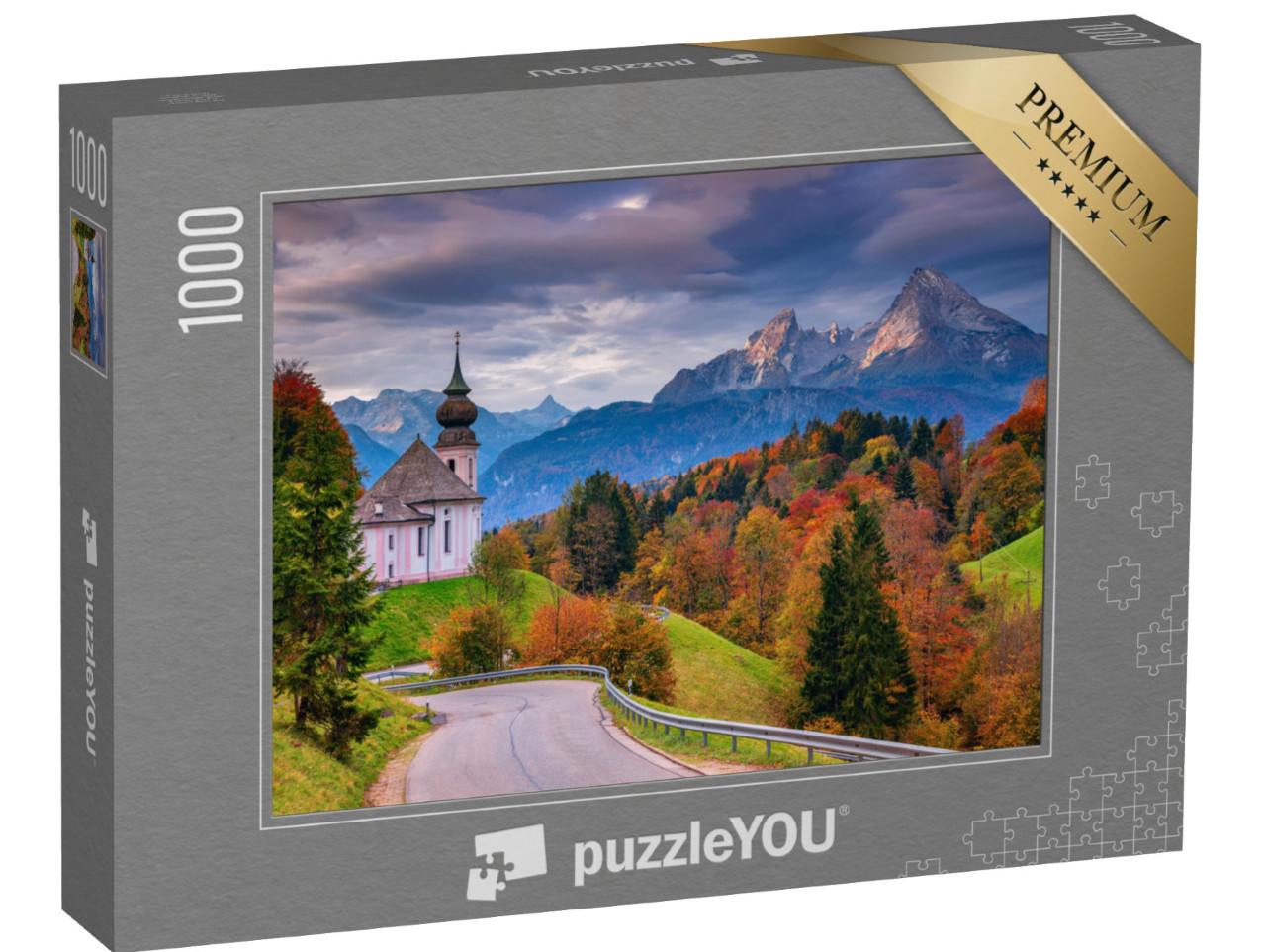 puzzle 1000 dílků „Kostel Maria Gern a Watzmann na podzim, Bavorsko, Německo“