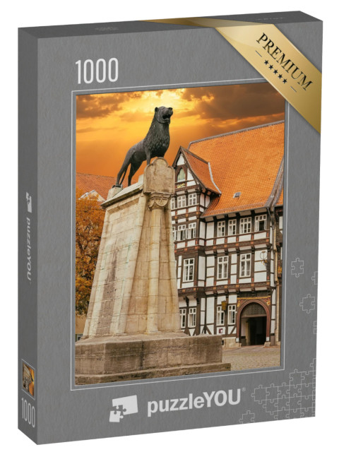 puzzle 1000 dílků „Socha lva a starý hrázděný dům v Braunschweigu, Německo“