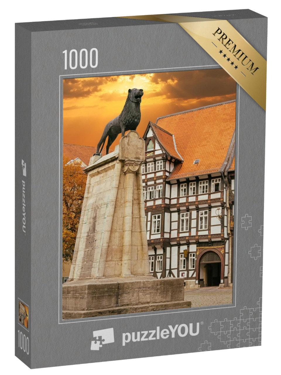 puzzle 1000 dílků „Socha lva a starý hrázděný dům v Braunschweigu, Německo“