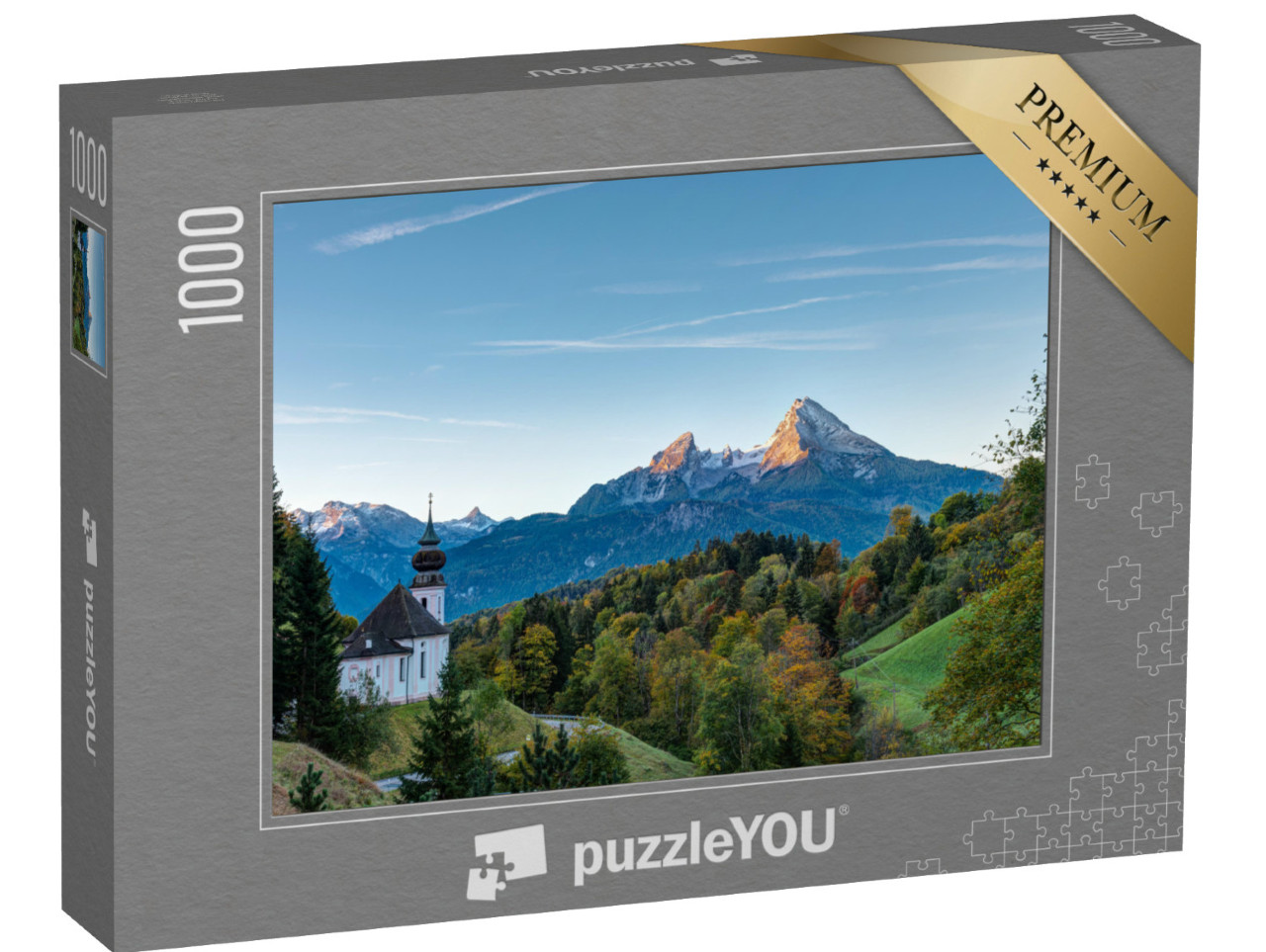 puzzle 1000 dílků „Podzimní ráno nad Maria Gern a Watzmannem, Německo“