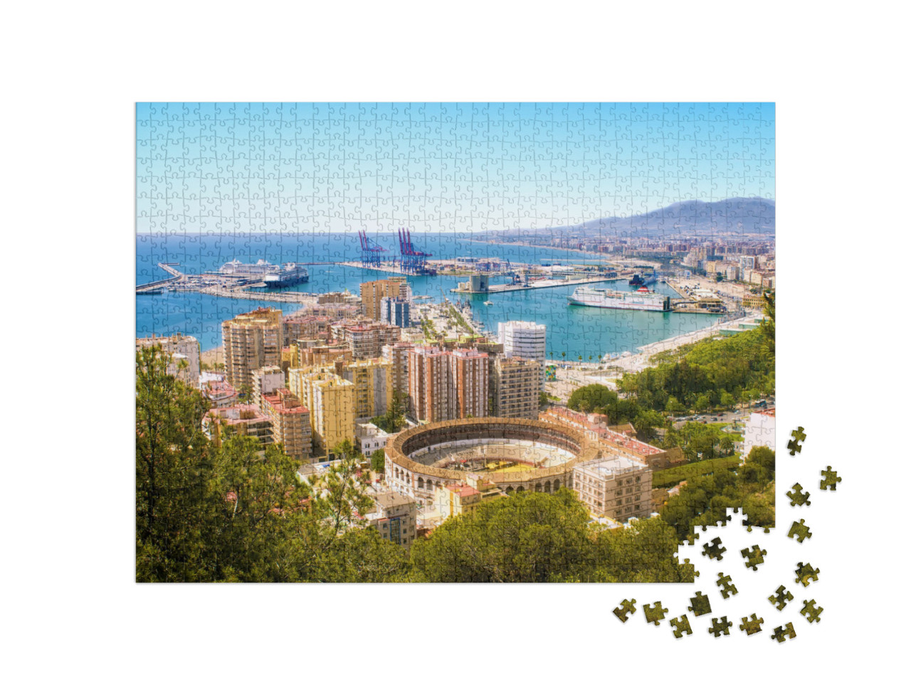 puzzle 1000 dílků „Málaga s býčí arénou a přístavem. Španělsko“