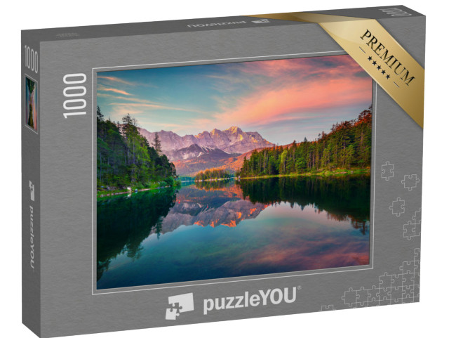 puzzle 1000 dílků „Působivý východ slunce u jezera Eibsee se Zugspitze, Německo“