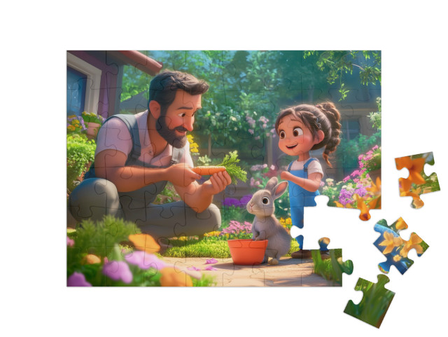 puzzle 48 dílků „S tatínkema a králíčke na zahradě“