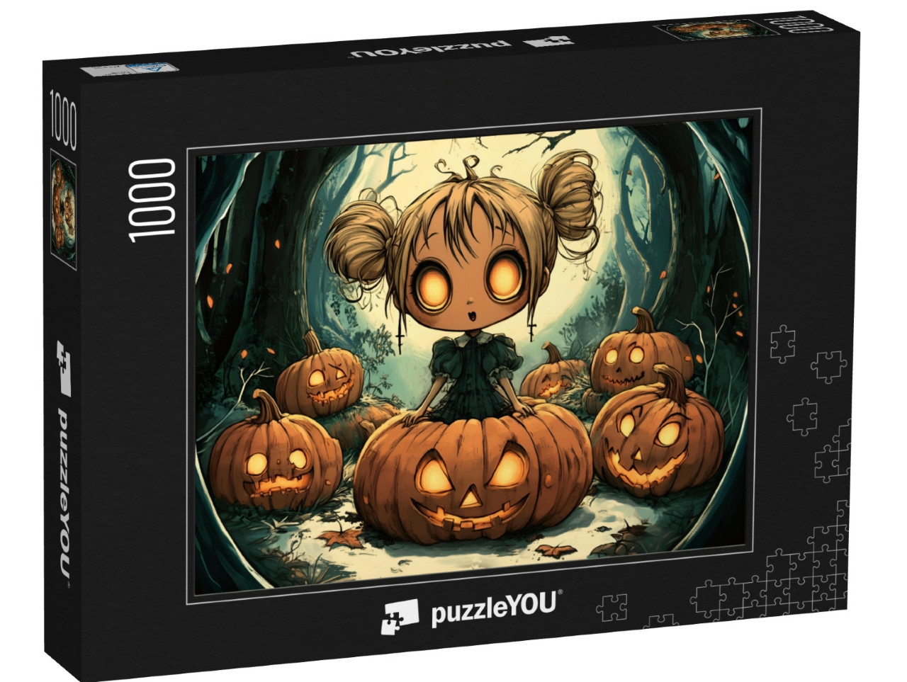 puzzle 1000 dílků „Dívka s velkýma očima sedí na dýni“