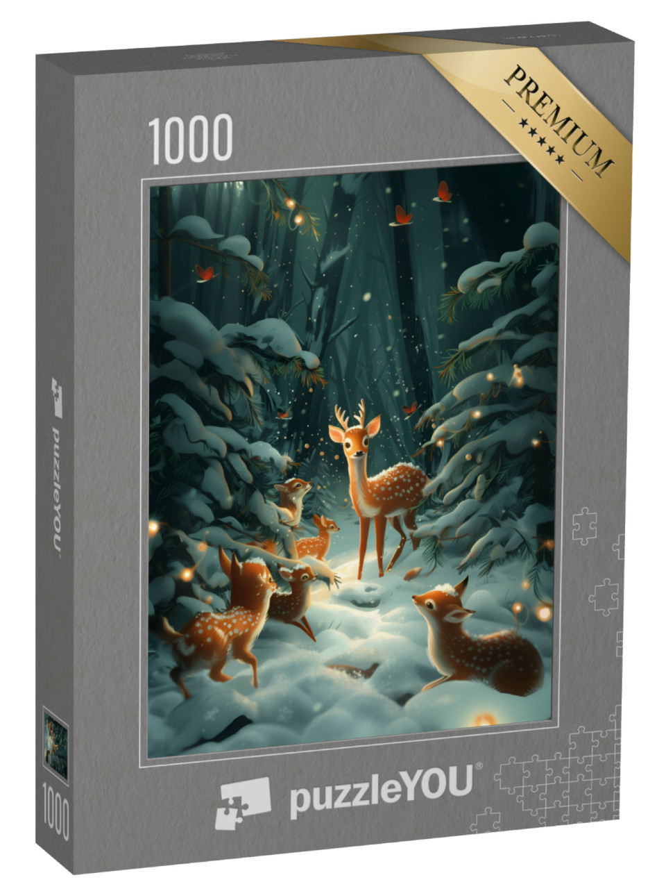 puzzle 1000 dílků „Jelení rodinka objevuje sníh“