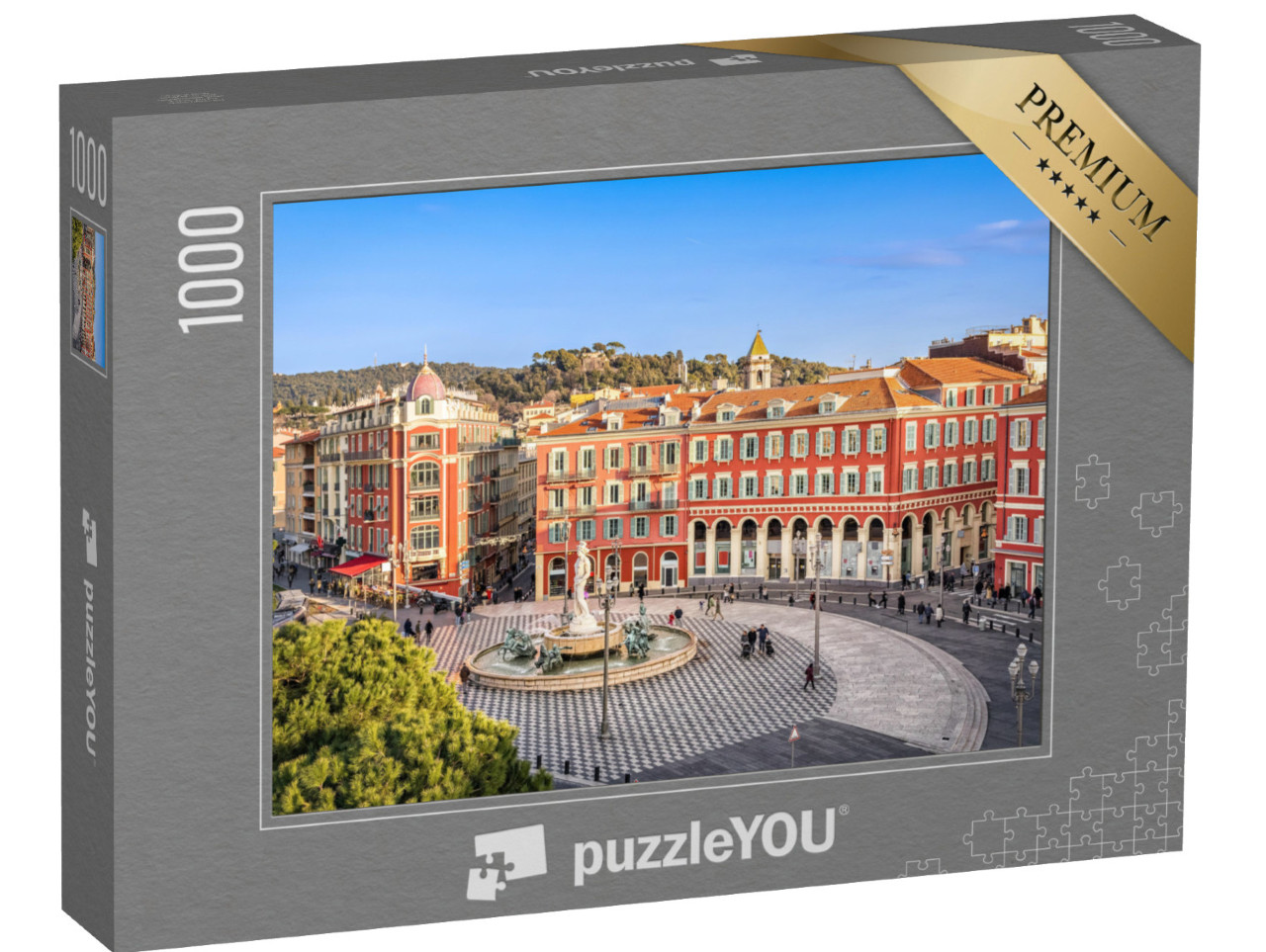 puzzle 1000 dílků „Letecký pohled na náměstí Place Massena s fontánou, Nice, Francie“