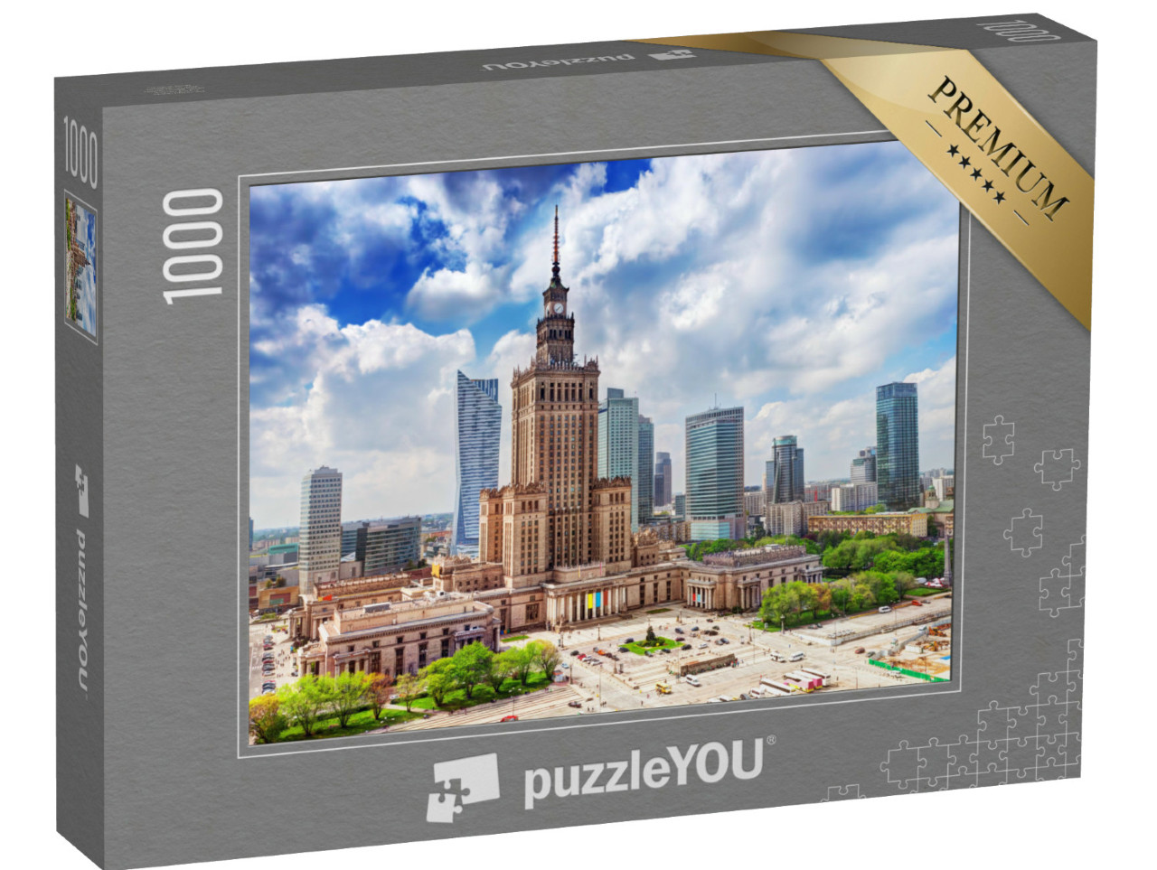 puzzle 1000 dílků „Letecký pohled, palác kultury a vědy s mrakodrapy, Varšava, Polsko“