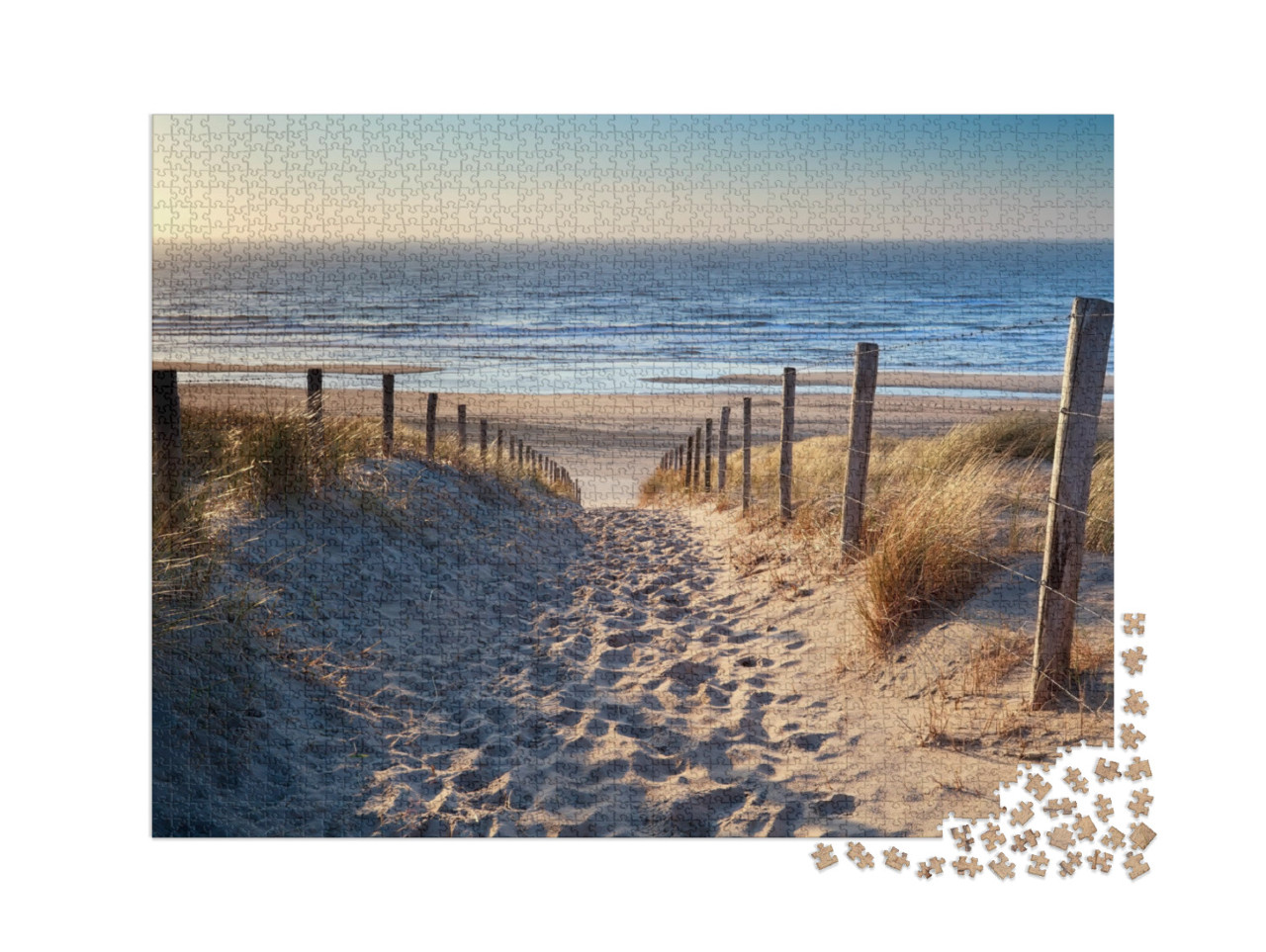 puzzle 2000 dílků „Cesta na pláž Severního moře při zlatém západu slunce, Nizozemsko“