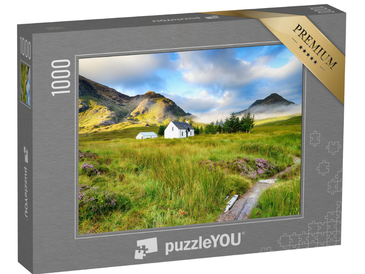 puzzle 1000 dílků „Malebná chata na pohlednici v Glencoe, Skotská vysočina“