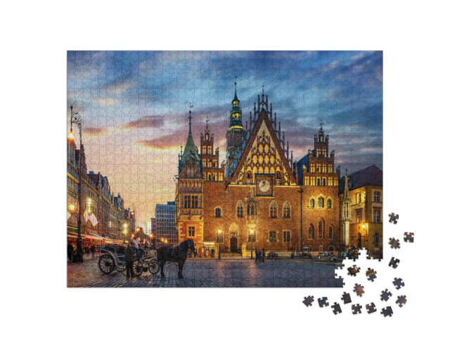 puzzle 1000 dílků „Tržní náměstí se starými domy, radnicí a západem slunce, Vratislav, Polsko“