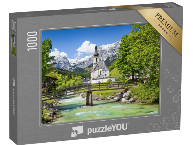 puzzle 1000 dílků „Malebná horská krajina s farním kostelem svatého Šebestiána v obci Ramsau“