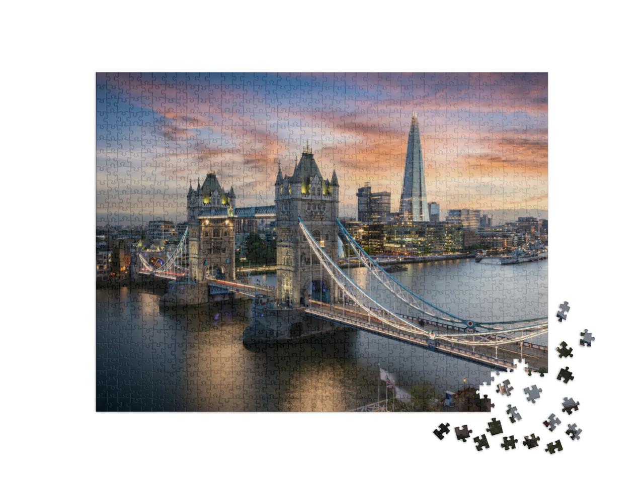 puzzle 1000 dílků „Pohled na večerní osvětlení mostu Tower Bridge, Londýn, Anglie“