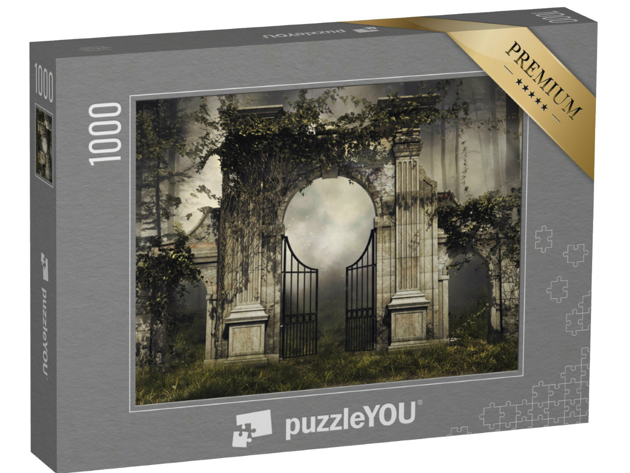puzzle 1000 dílků „Stará zahradní branka v lese s věncem“