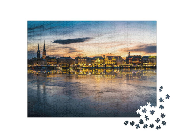 puzzle 1000 dílků „Pohled na Hamburk a Alster při západu slunce“