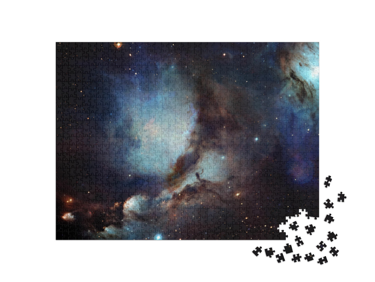 puzzle 1000 dílků „Jasně modrý pohyb hvězdných částic na černém pozadí, hvězdná mlhovina v galaxii ve vesmíru“