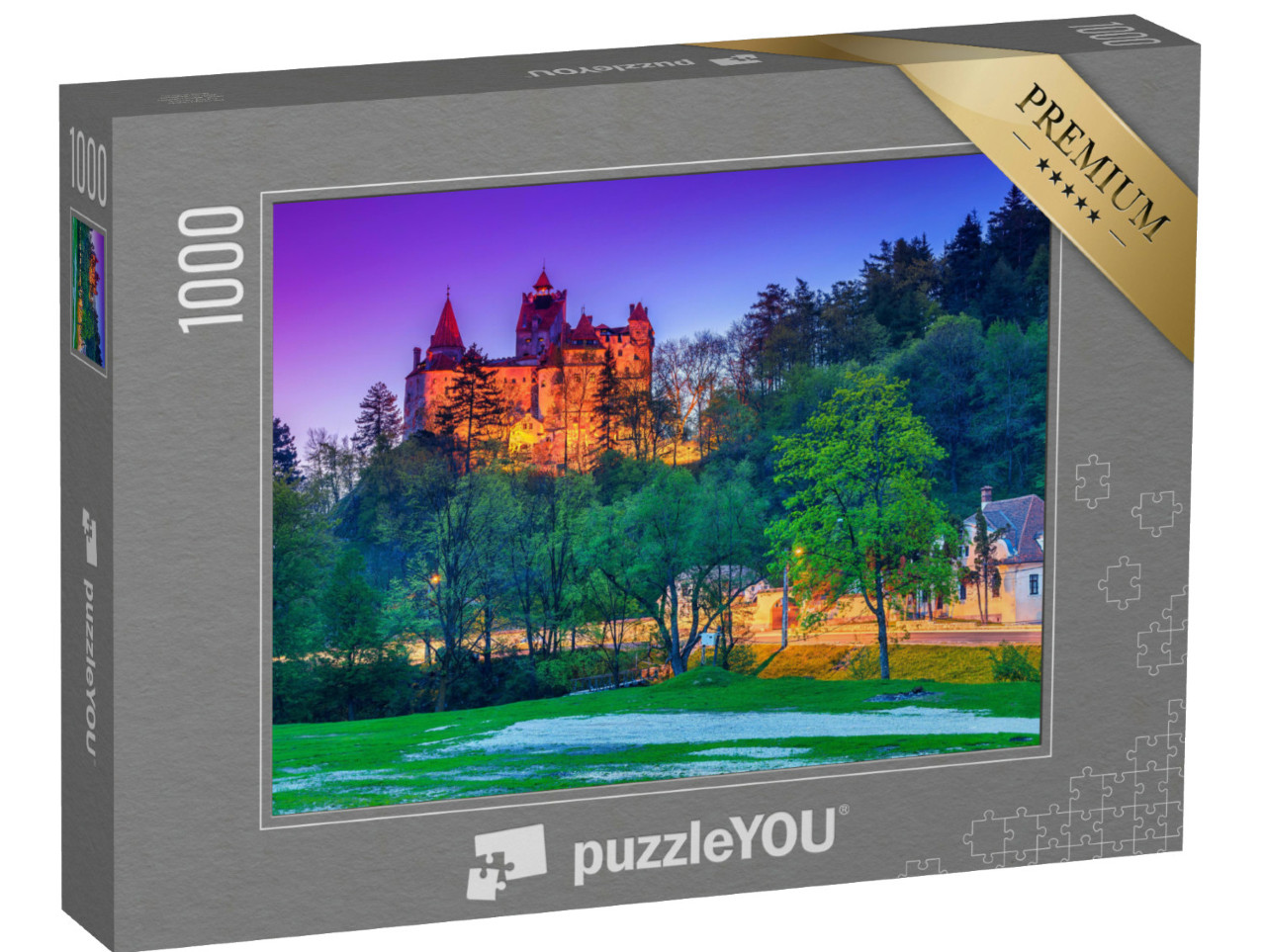 puzzle 1000 dílků „Hrad Bran s večerním osvětlením, Transylvánie, Rumunsko“
