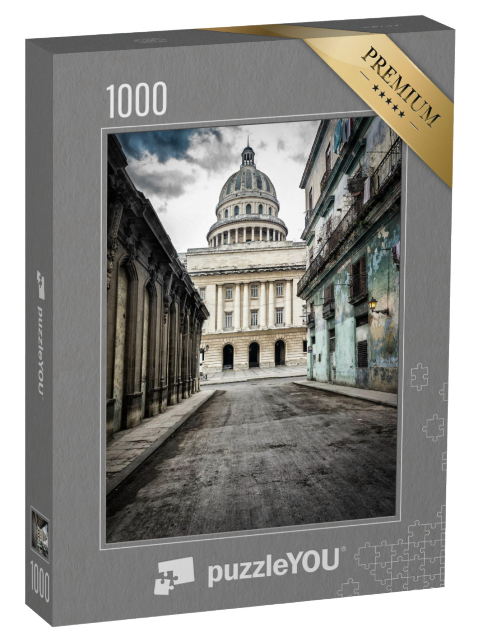 puzzle 1000 dílků „Ulice se zchátralými domy ke Kapitolu, Stará Havana“