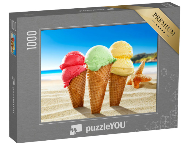 puzzle 1000 dílků „Zmrzlina na pláži a mušle s krajinou oceánu...“