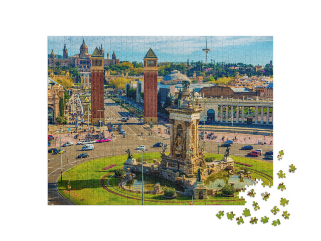 puzzle 1000 dílků „Letecký pohled na Barcelonu, Placa d'Espanya a Palau National, Španělsko“