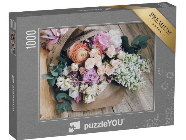 puzzle 1000 dílků „Kytice květin na dřevěném stole“