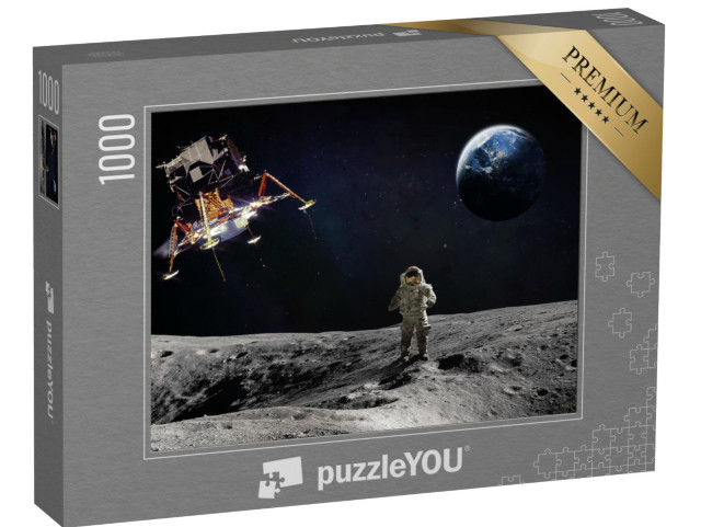 puzzle 1000 dílků „Měsíční povrch s astronautem a přistávající kosmickou lodí“