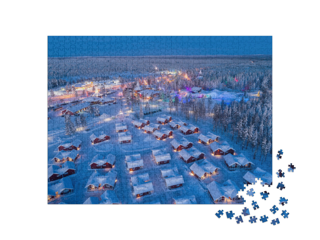 puzzle 1000 dílků „Zasněžená vesnice Otce Vánoc v Rovaniemi, Finsko“
