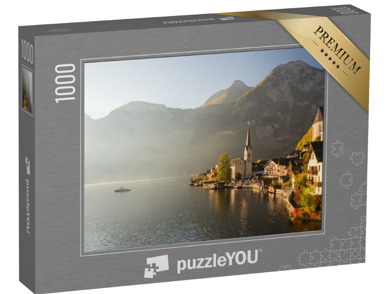 puzzle 1000 dílků „Malebný ranní pohled na horskou vesnici Hallstatt, Rakousko“