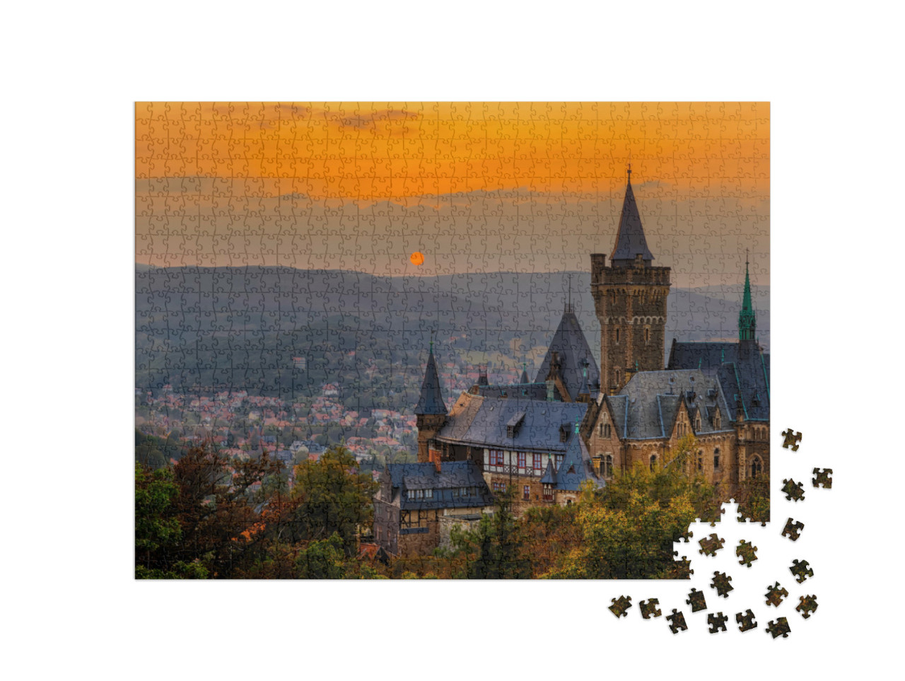 puzzle 1000 dílků „Západ slunce nad hradem Wernigerode, Německo“