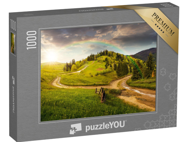 puzzle 1000 dílků „Krásná zelená kopcovitá krajina s duhou“