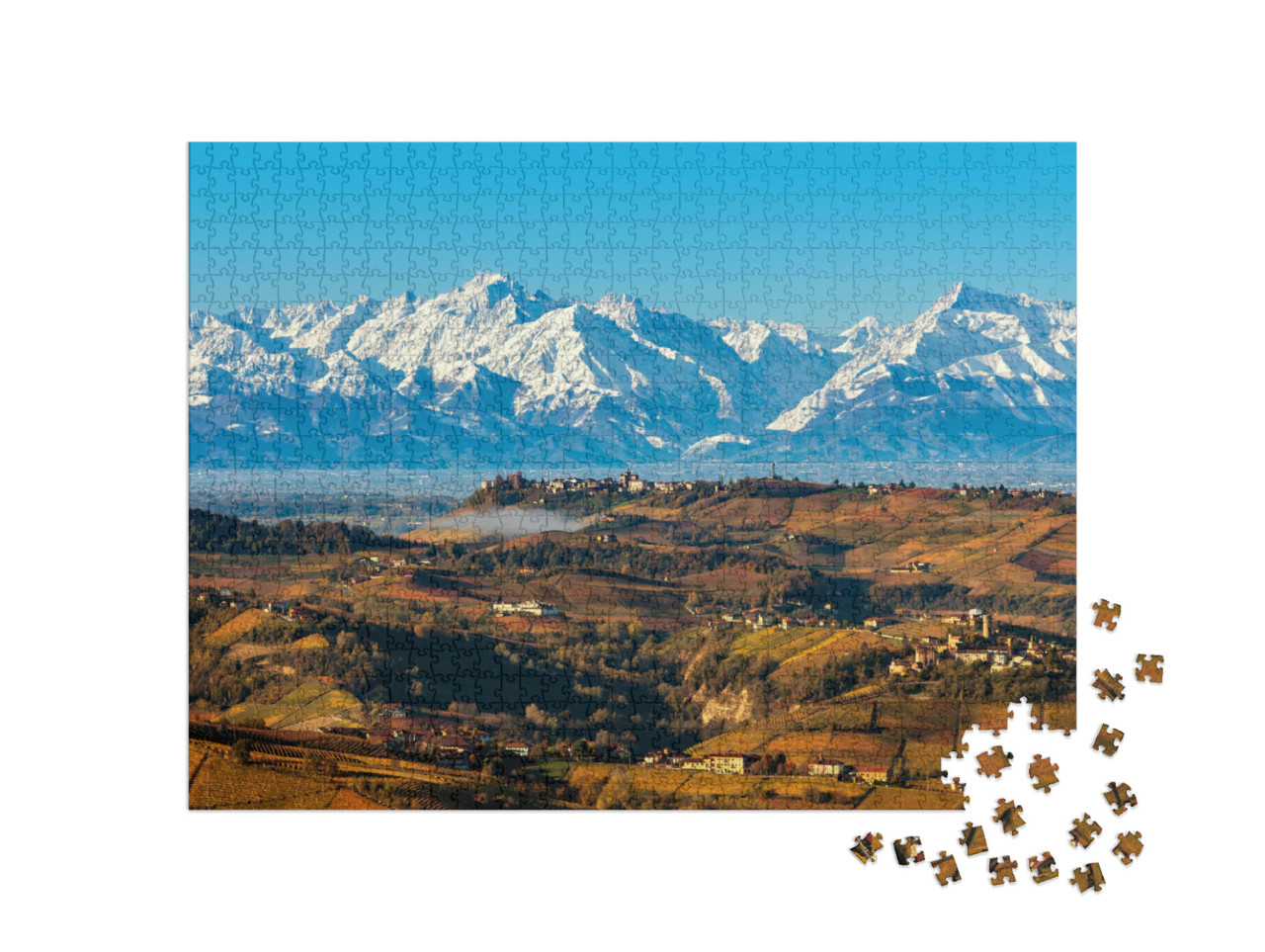 puzzle 1000 dílků „Pohled shora na podzimní kopce a zasněžené hory“