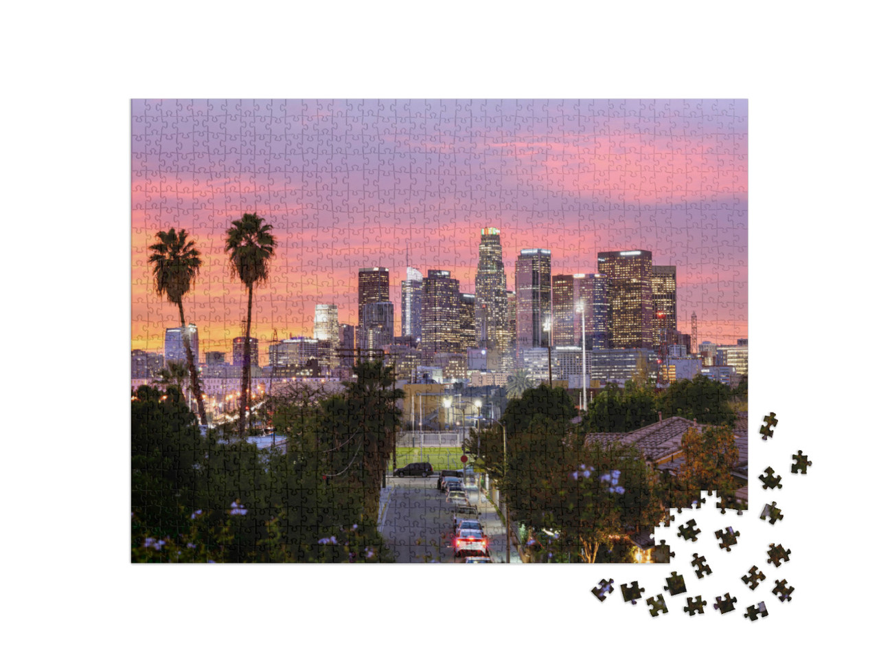 puzzle 1000 dílků „Panorama centra Los Angeles při západu slunce“