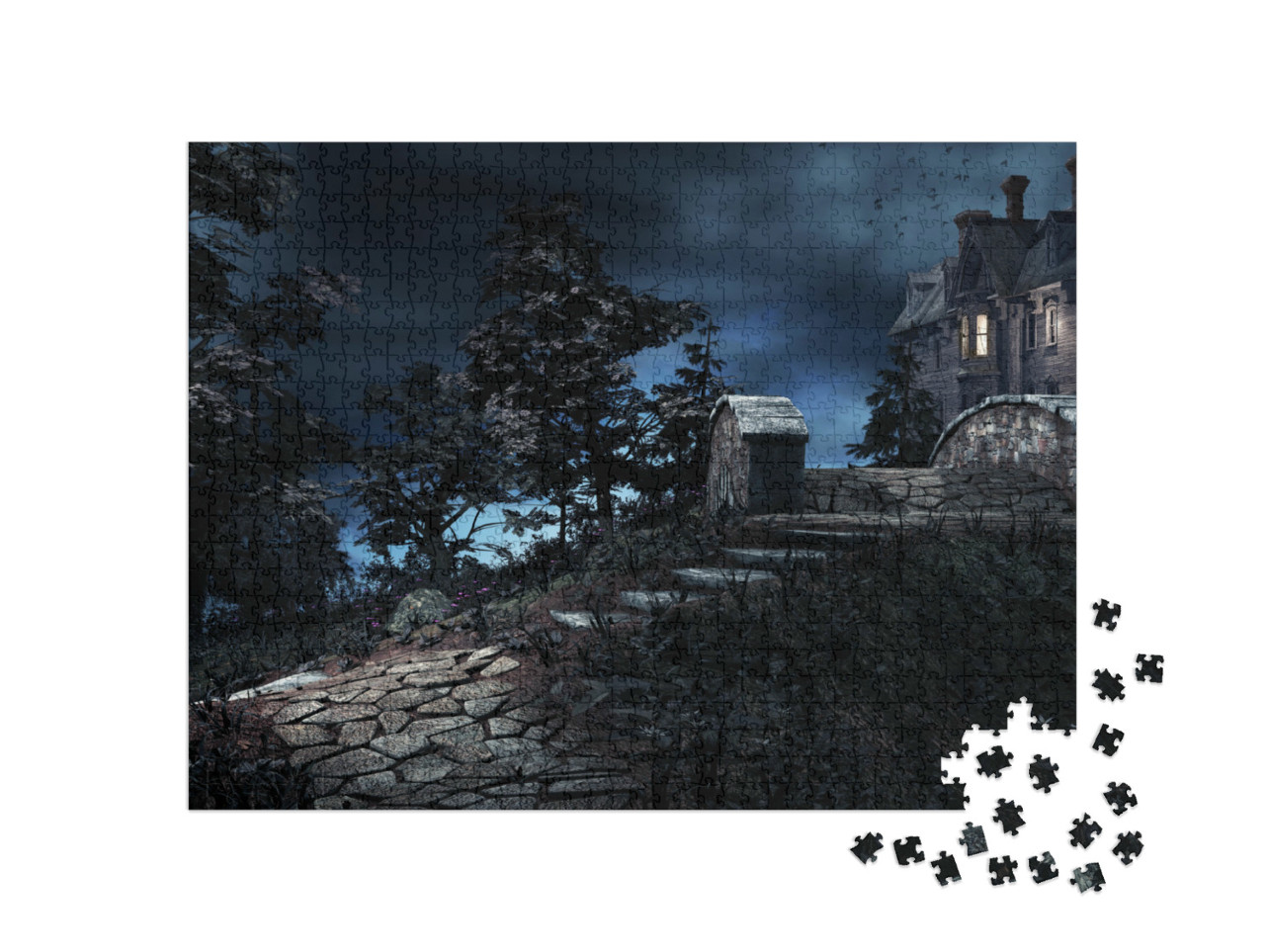 puzzle 1000 dílků „Noční scéna se starým domem a kamenným mostem“