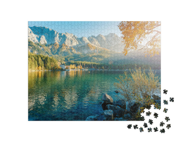 puzzle 1000 dílků „Alpská krajina s německými Alpami a Zugspitze u jezera Eibsee, Bavorsko“