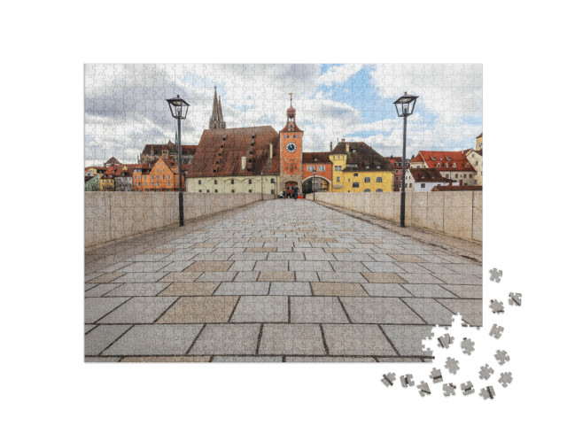 puzzle 1000 dílků „Starobylý kamenný most pro pěší, Regensburg, Německo“