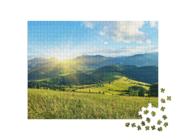 puzzle 1000 dílků „Slunečný výhled na krásnou krajinu Alp“