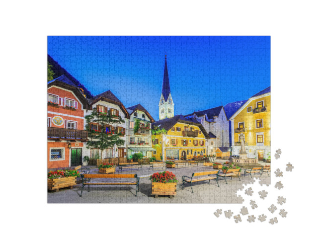 puzzle 1000 dílků „Hallstatt, Rakousko, horská vesnice v rakouských Alpách za soumraku“